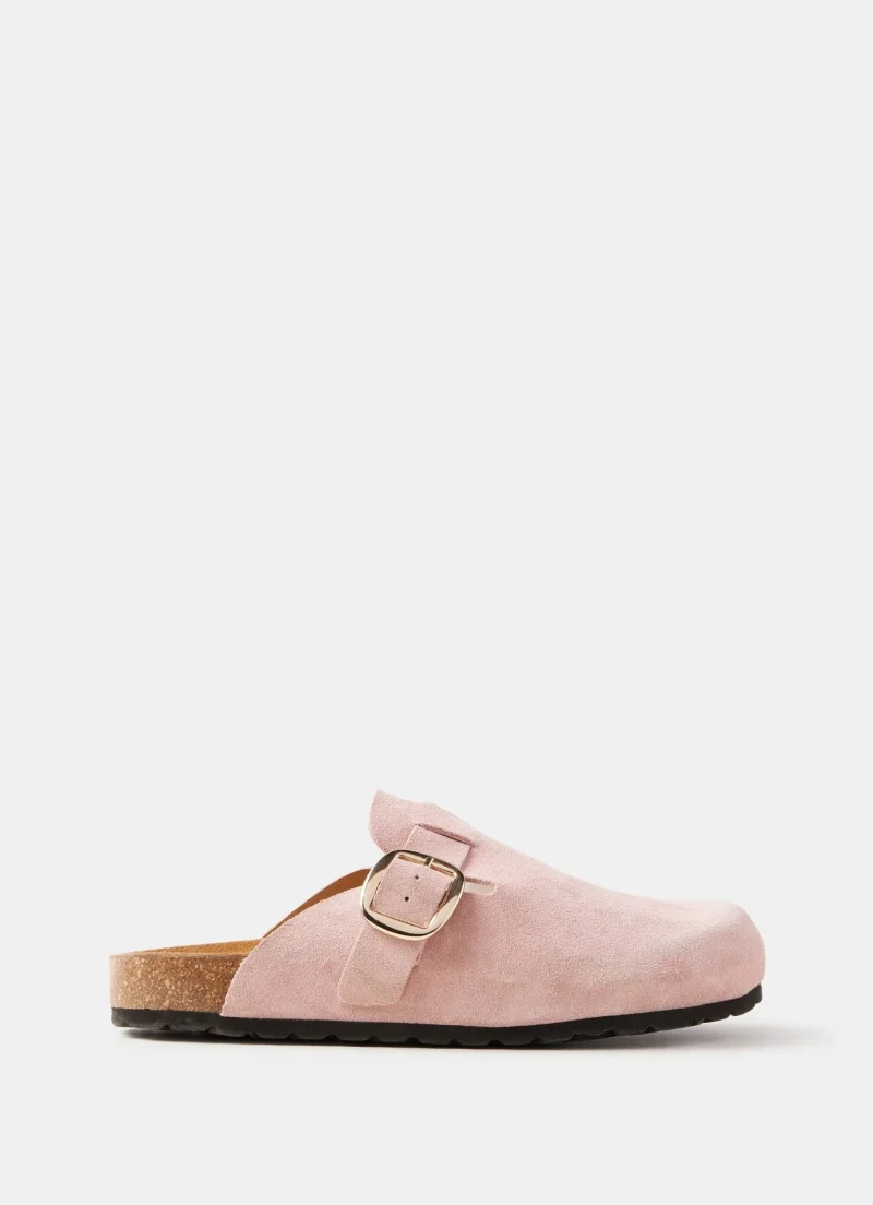 pink suede buckle clogs for women