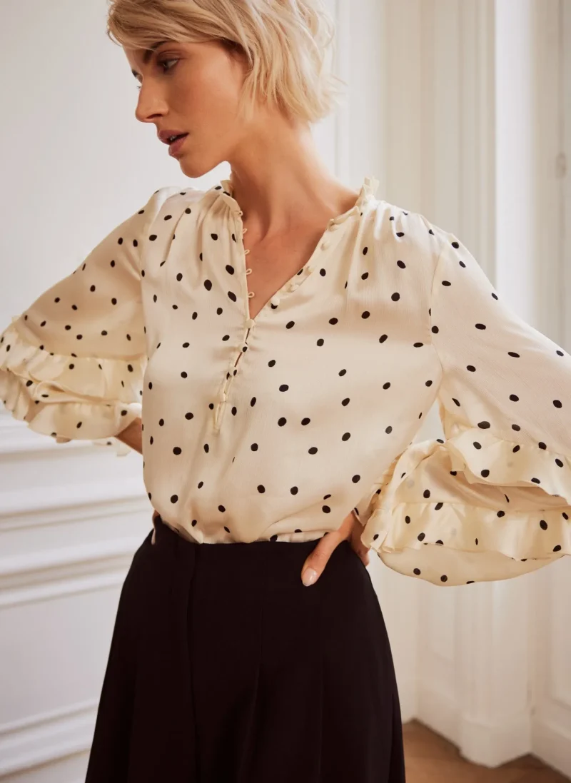 polka dot ruffle blouse cream print