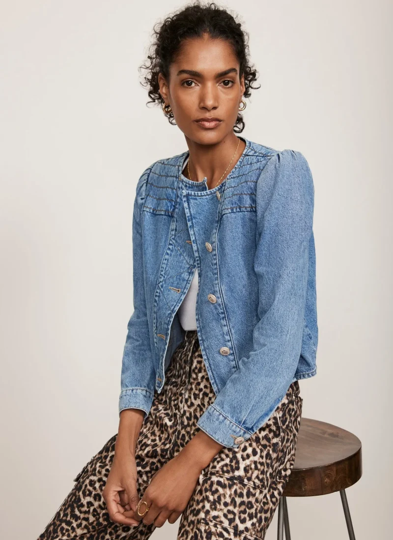 puff sleeve denim jacket in indigo