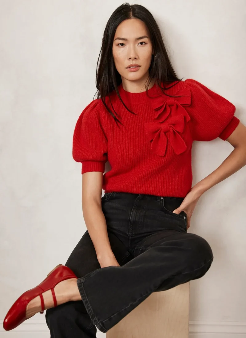 red bow detail knit top