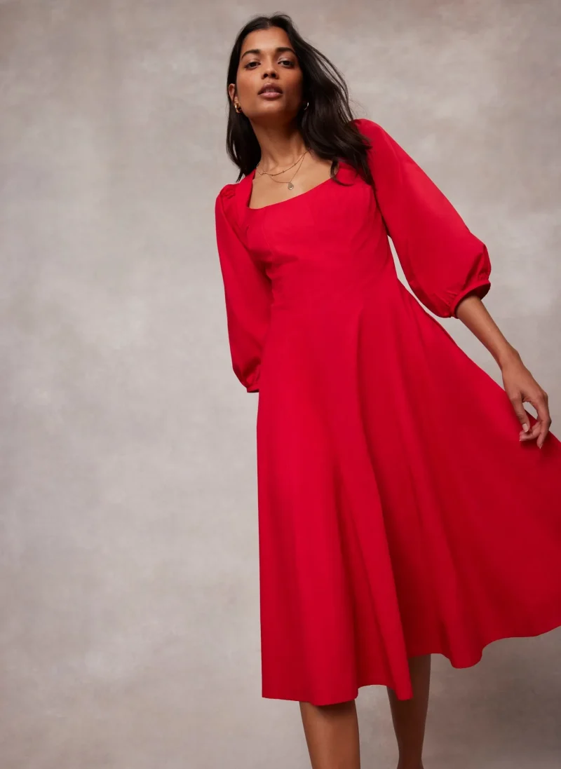 red cotton midi dress with puff sleeves