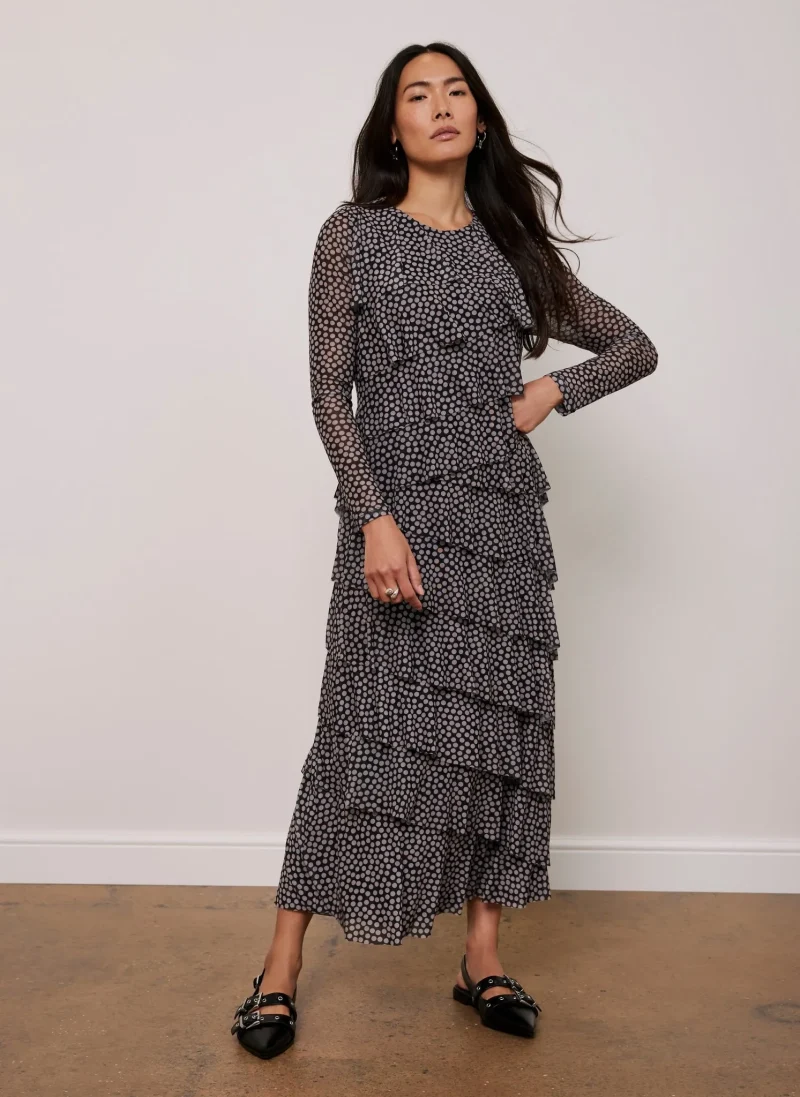 ruffle midi dress with black spot print