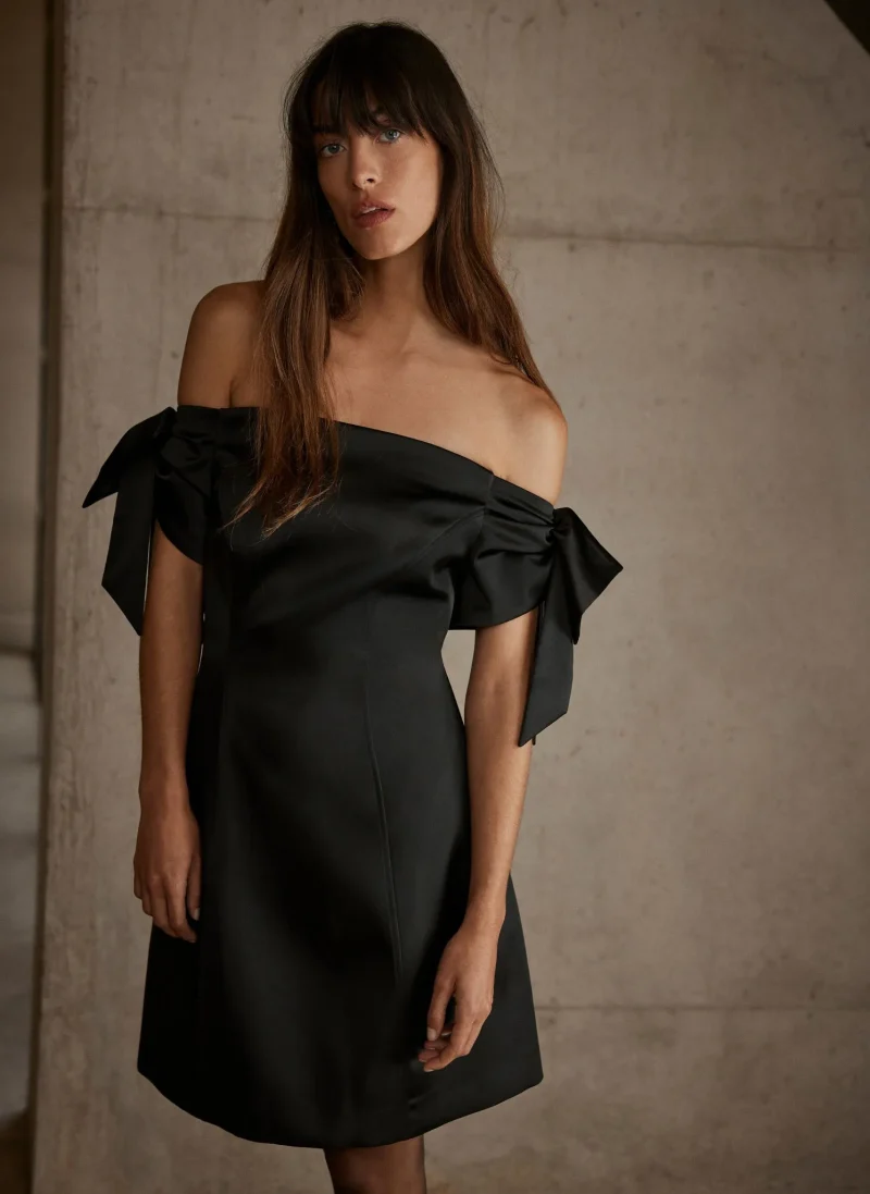 satin mini dress with bow sleeves black