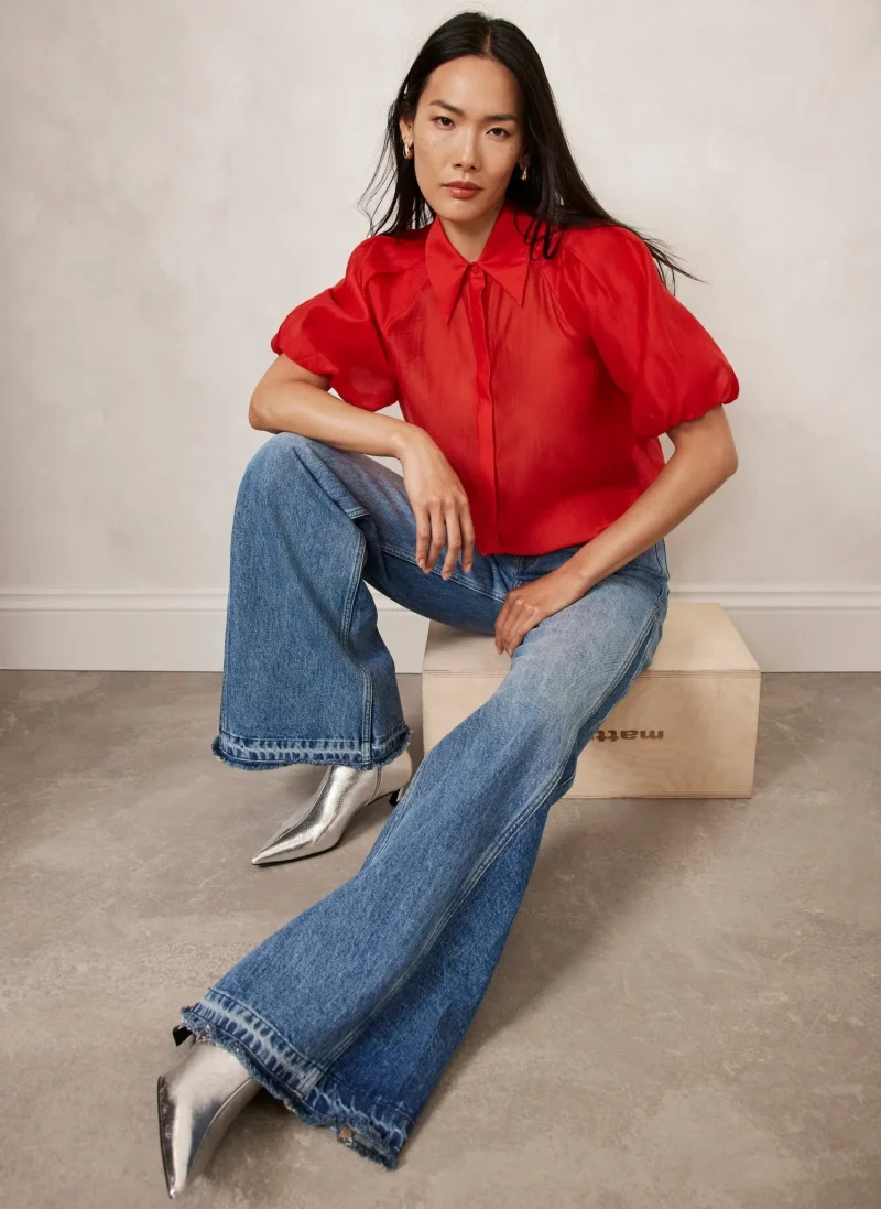 sheer red puff sleeve shirt