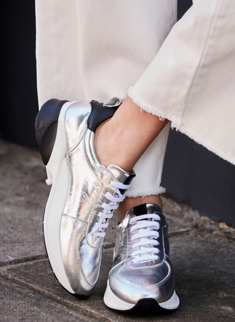 silver leather high shine trainers