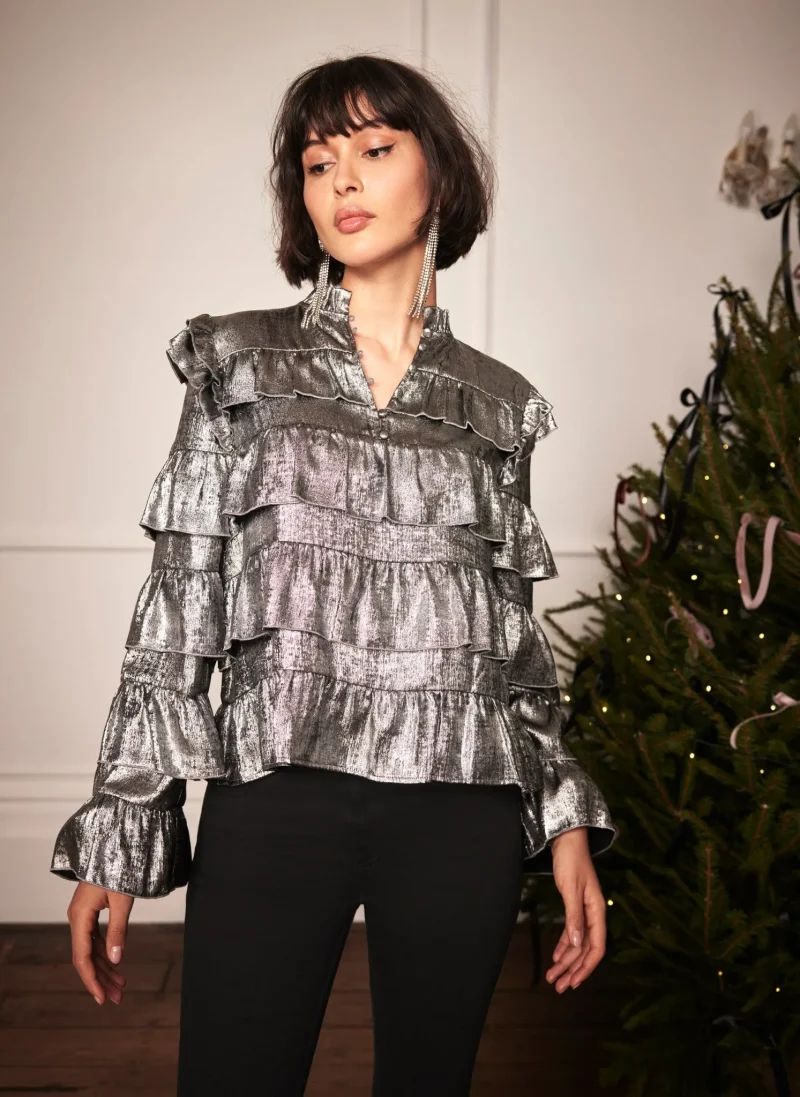 silver ruffle blouse metallic shine