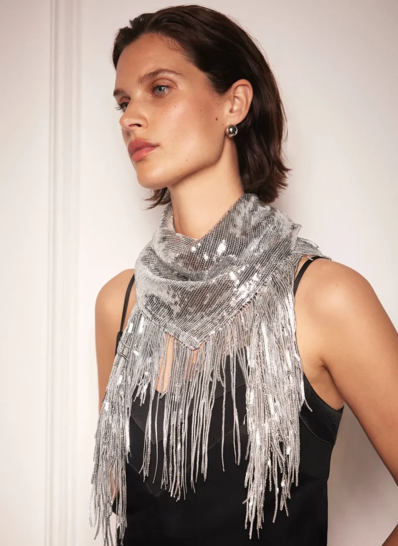 silver sequin fringe scarf metallic accent