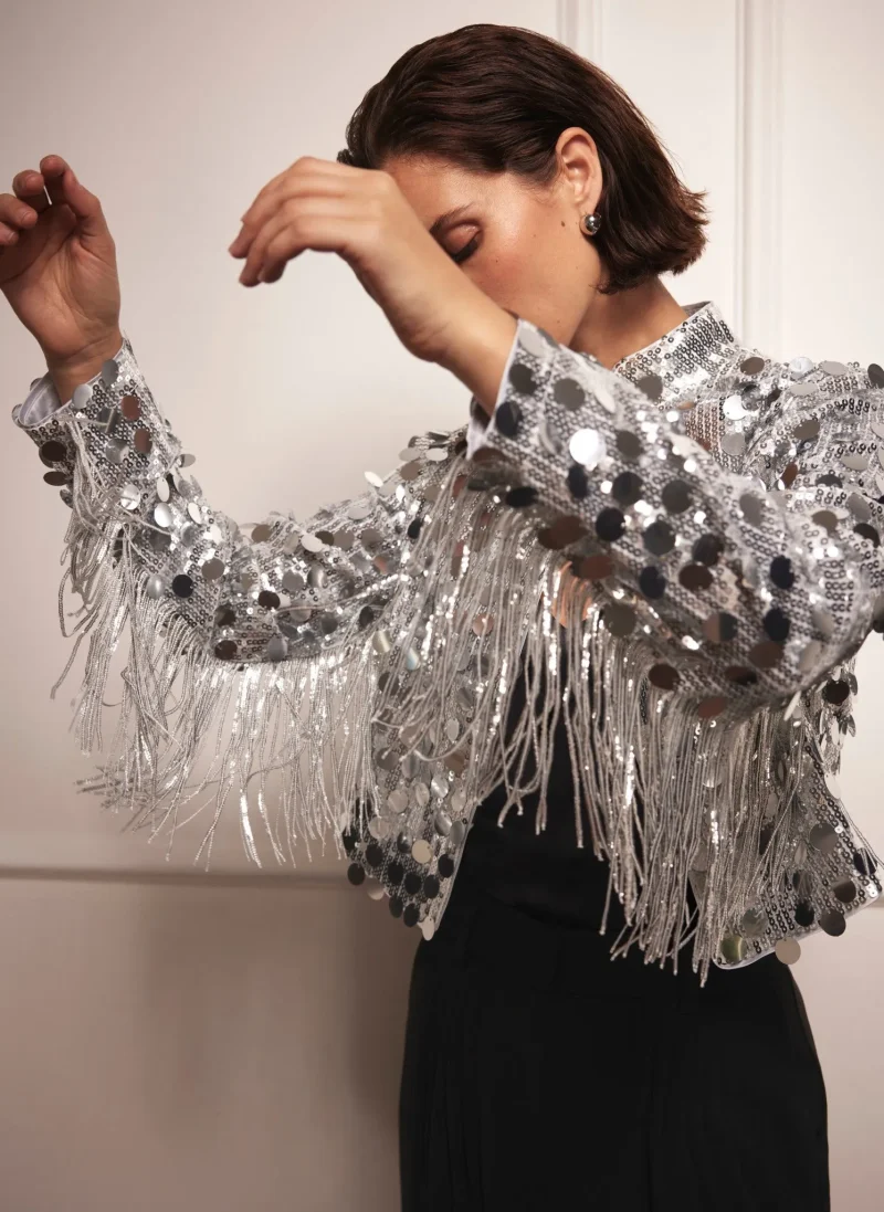 silver sequin fringe shrug