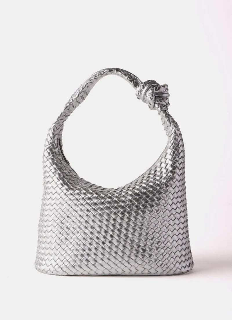 silver woven leather tote bag