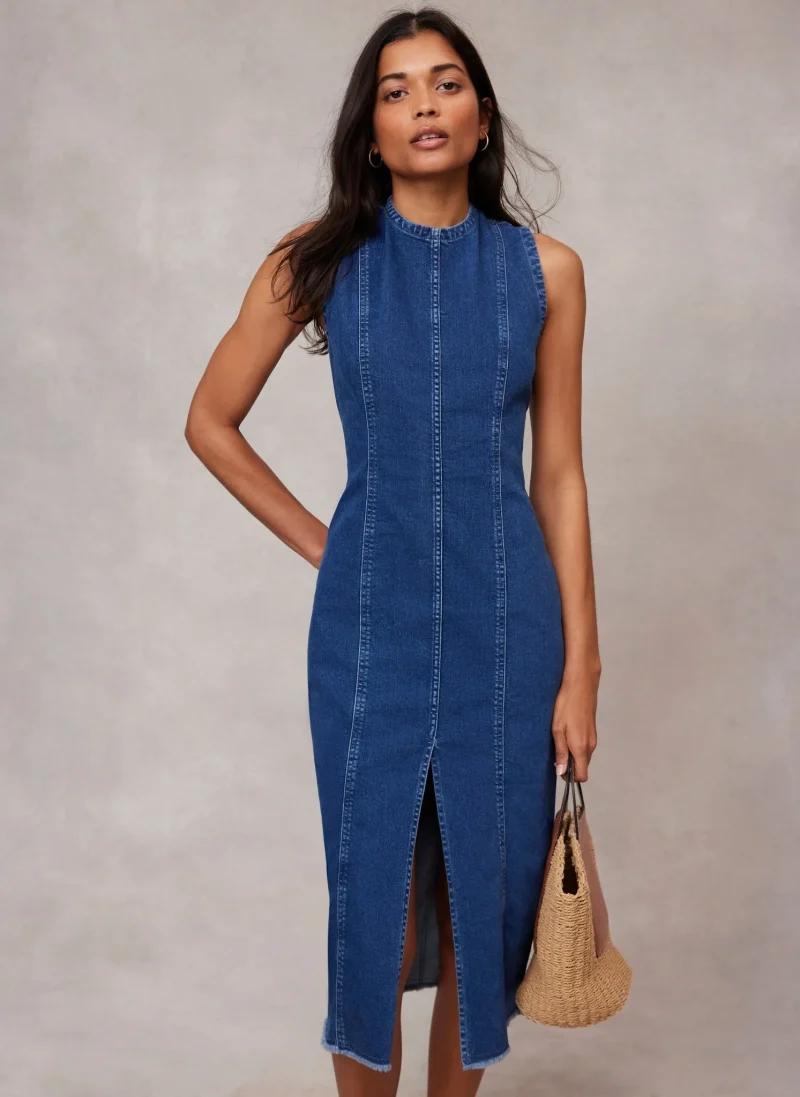 sleeveless blue denim midi dress