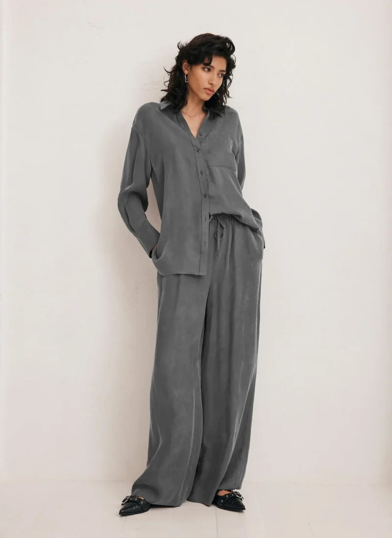 soft grey wide leg drawstring pants