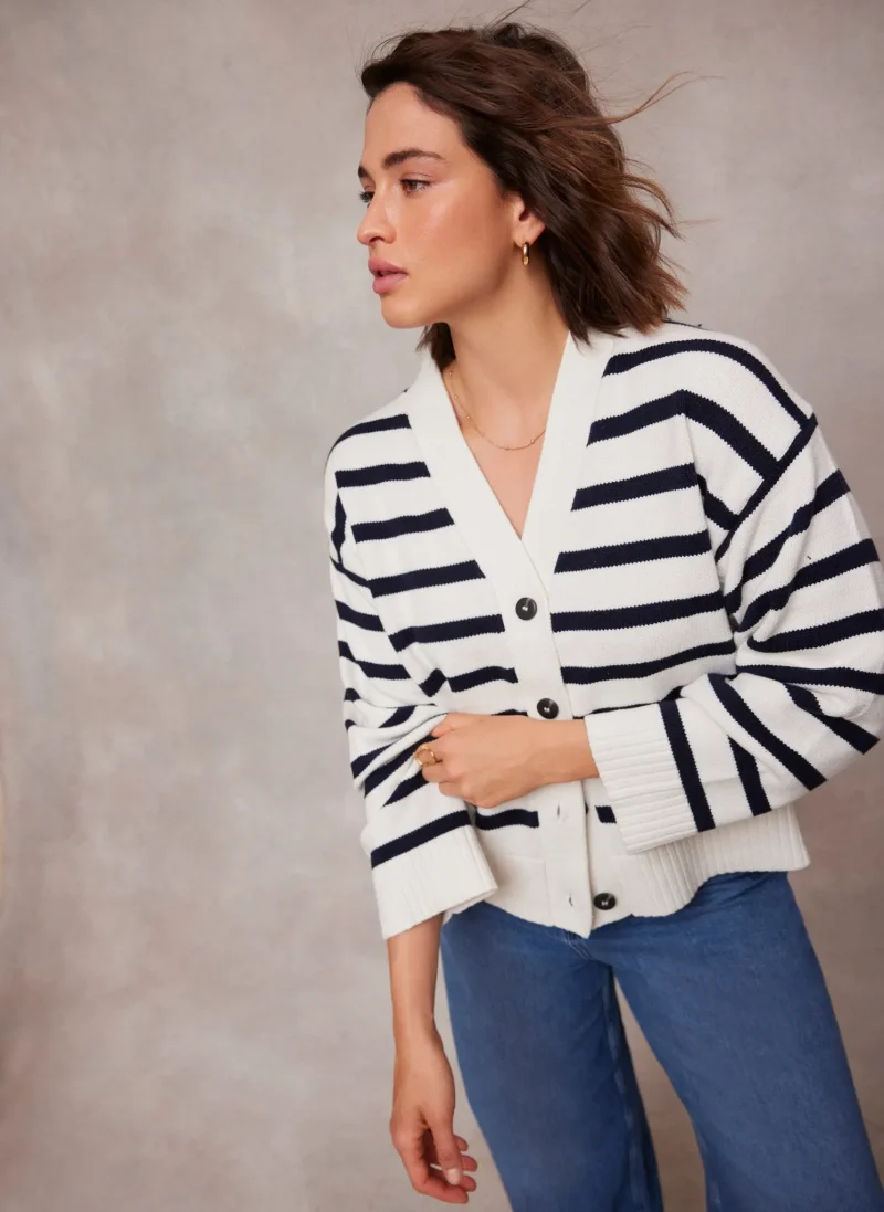 striped cotton blend boxy cardigan in white