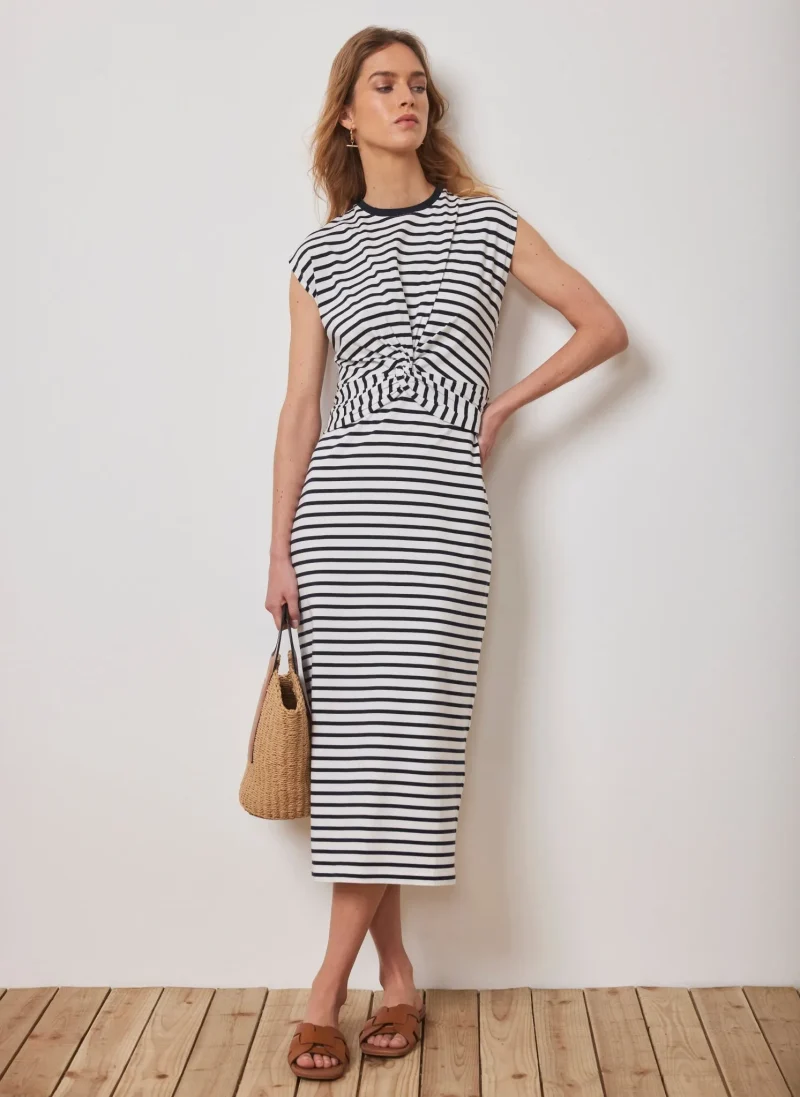 striped jersey twist midi dress in navy