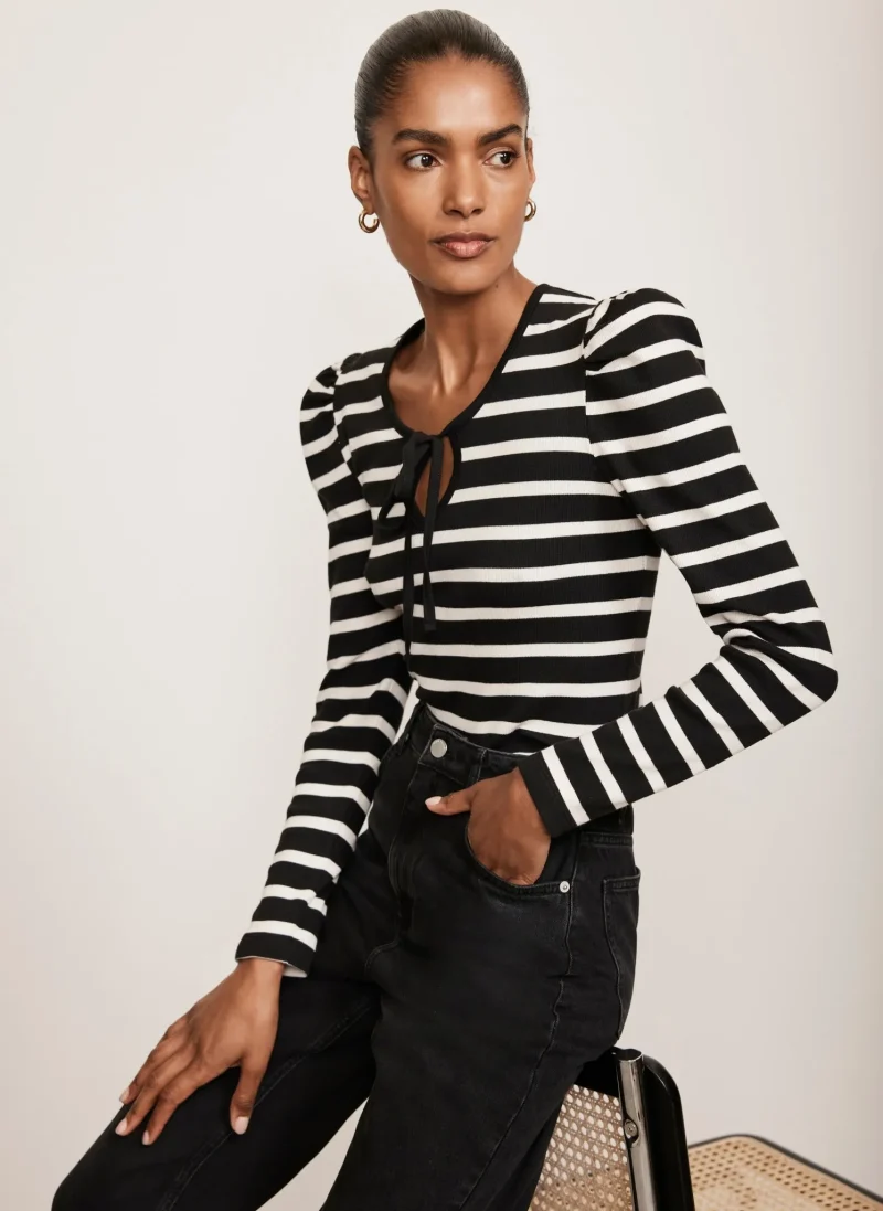 striped tie neck blouse in black