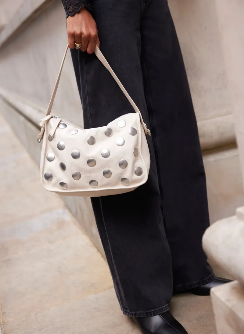 stylish cream leather studded handbag