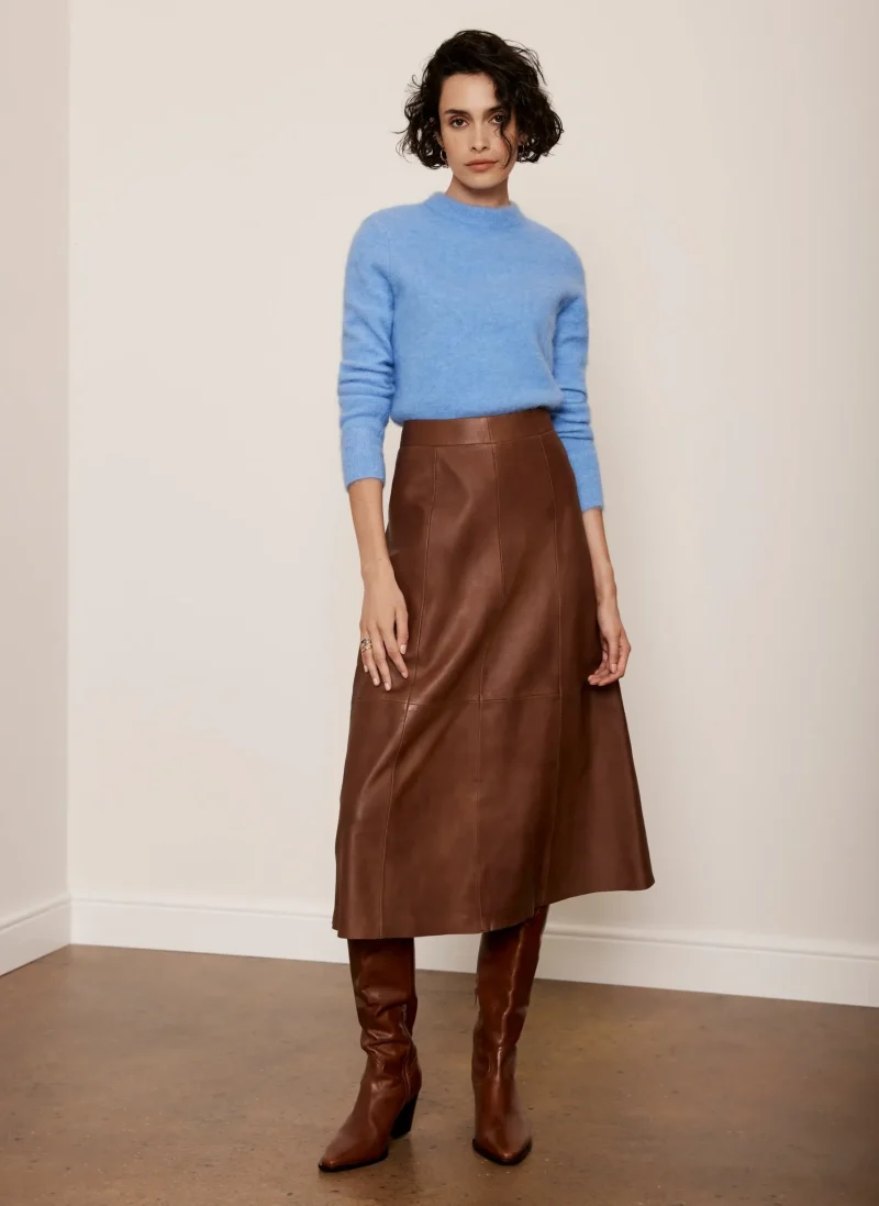 tan leather midi a line skirt