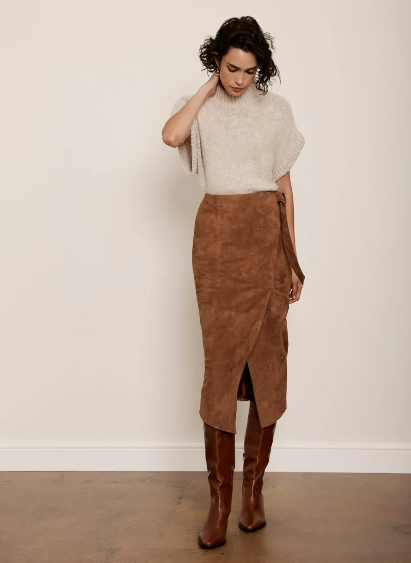 tan suede tie side midi skirt