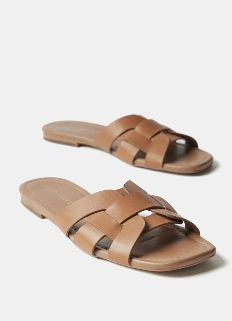 tan woven leather flat sandals