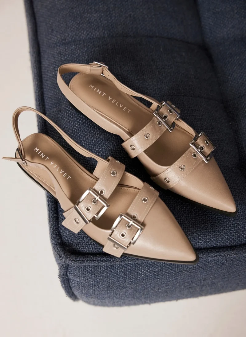 taupe leather buckle flats for women