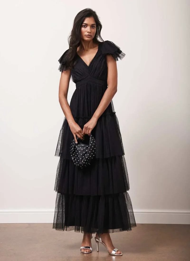 tulle ruffle maxi dress for women