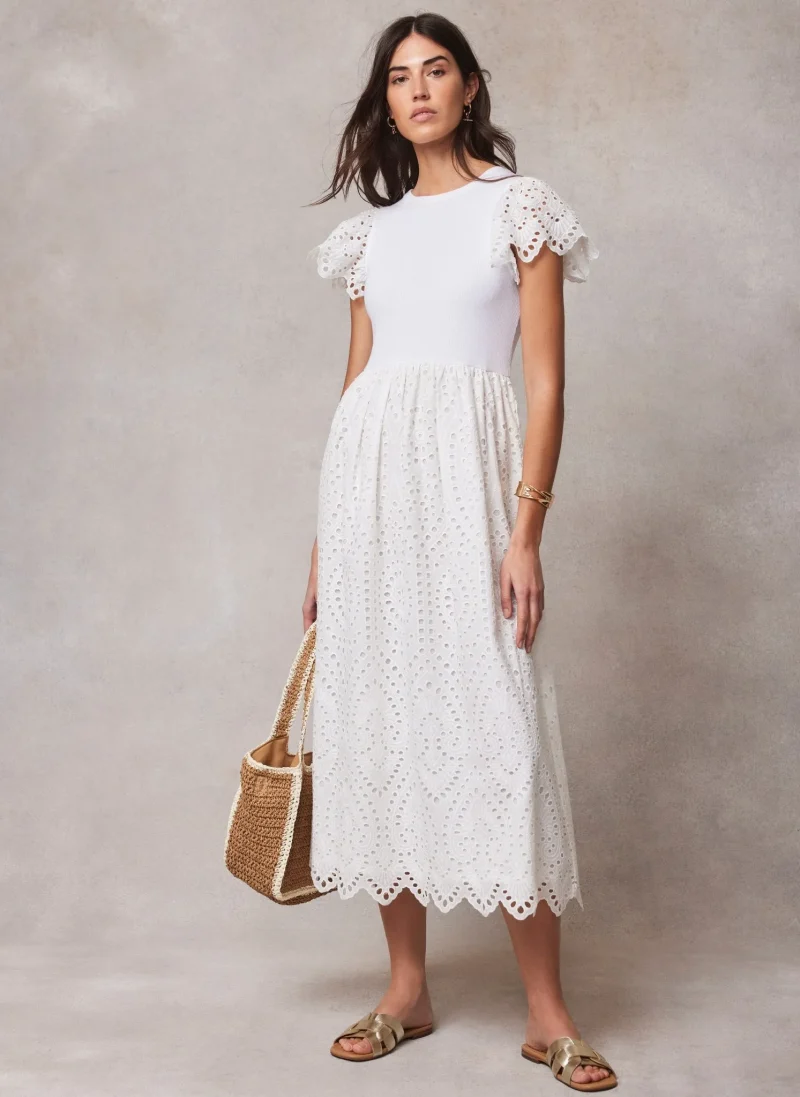 white broderie midi dress jersey fabric