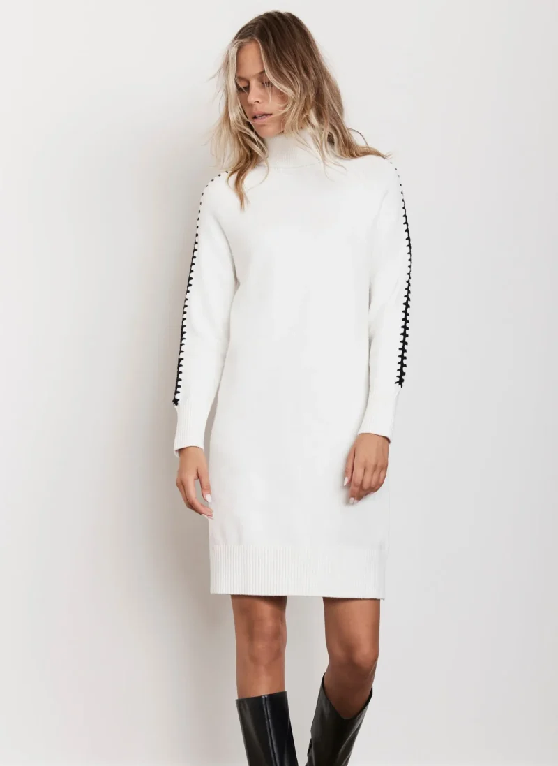 white contrast knit mini dress for women