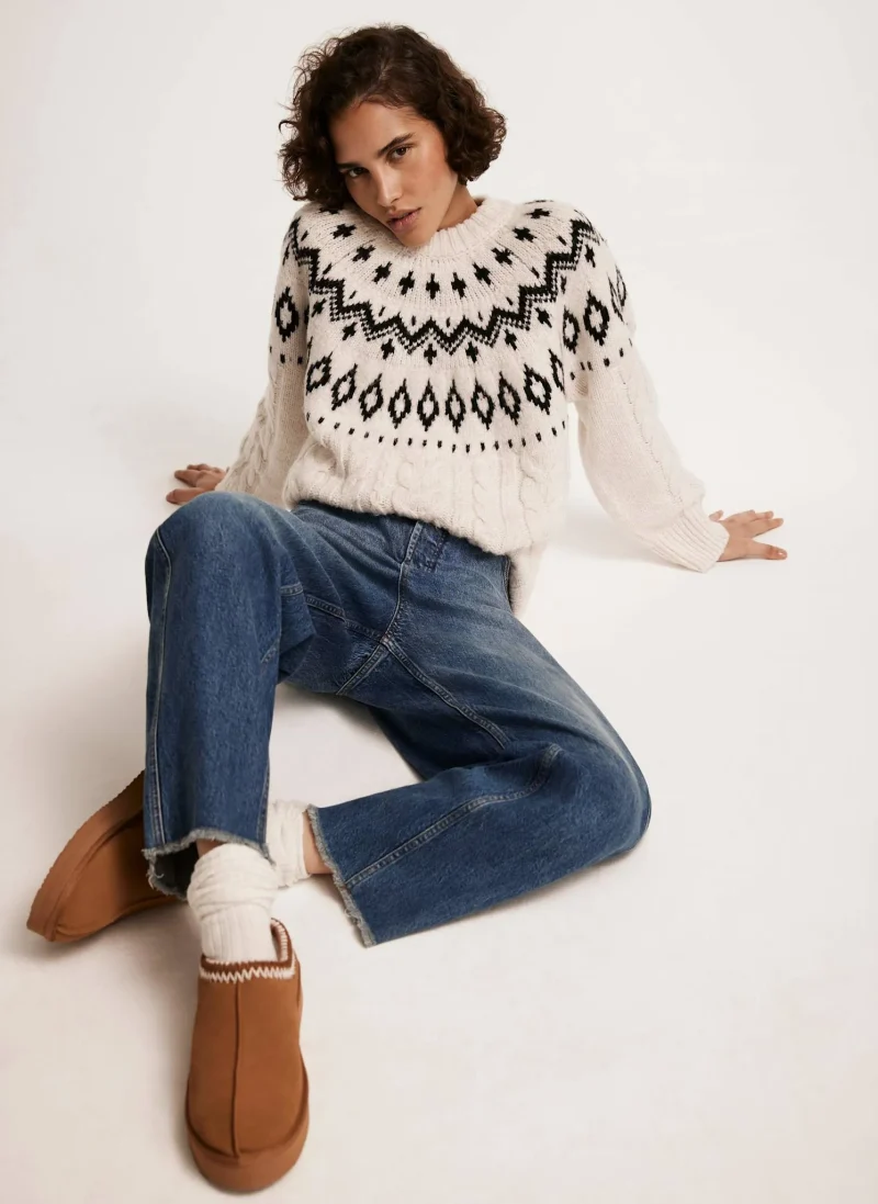 white fairisle cable knit sweater