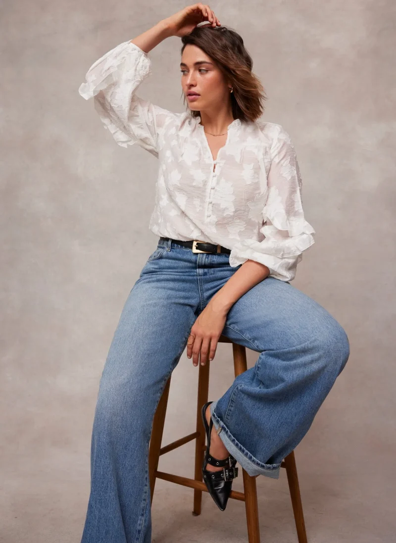 white jacquard ruffled blouse