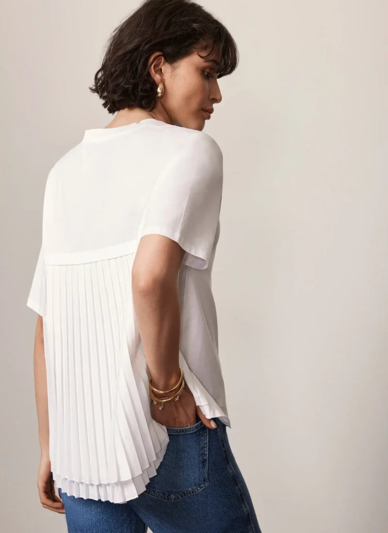 white pleated cotton blend t shirt