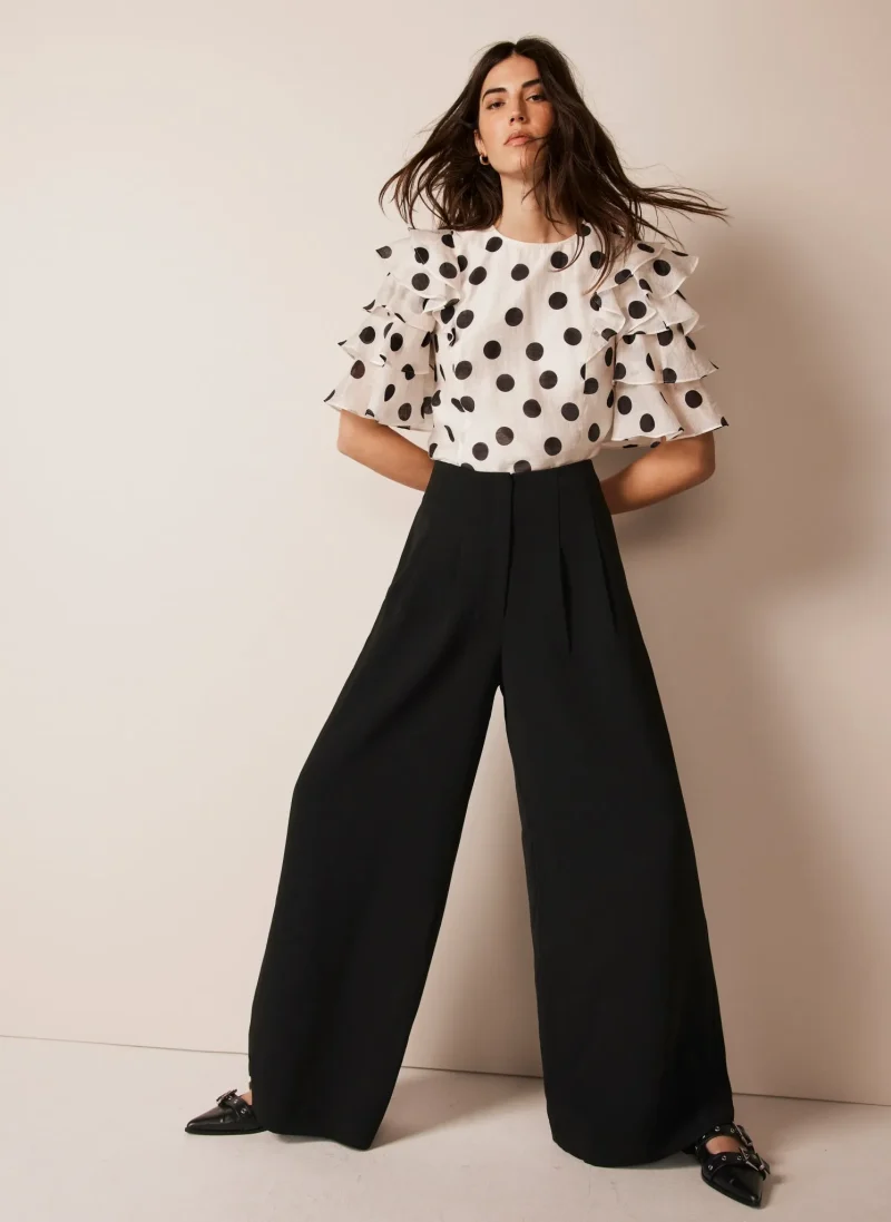 white polka dot ruffle blouse