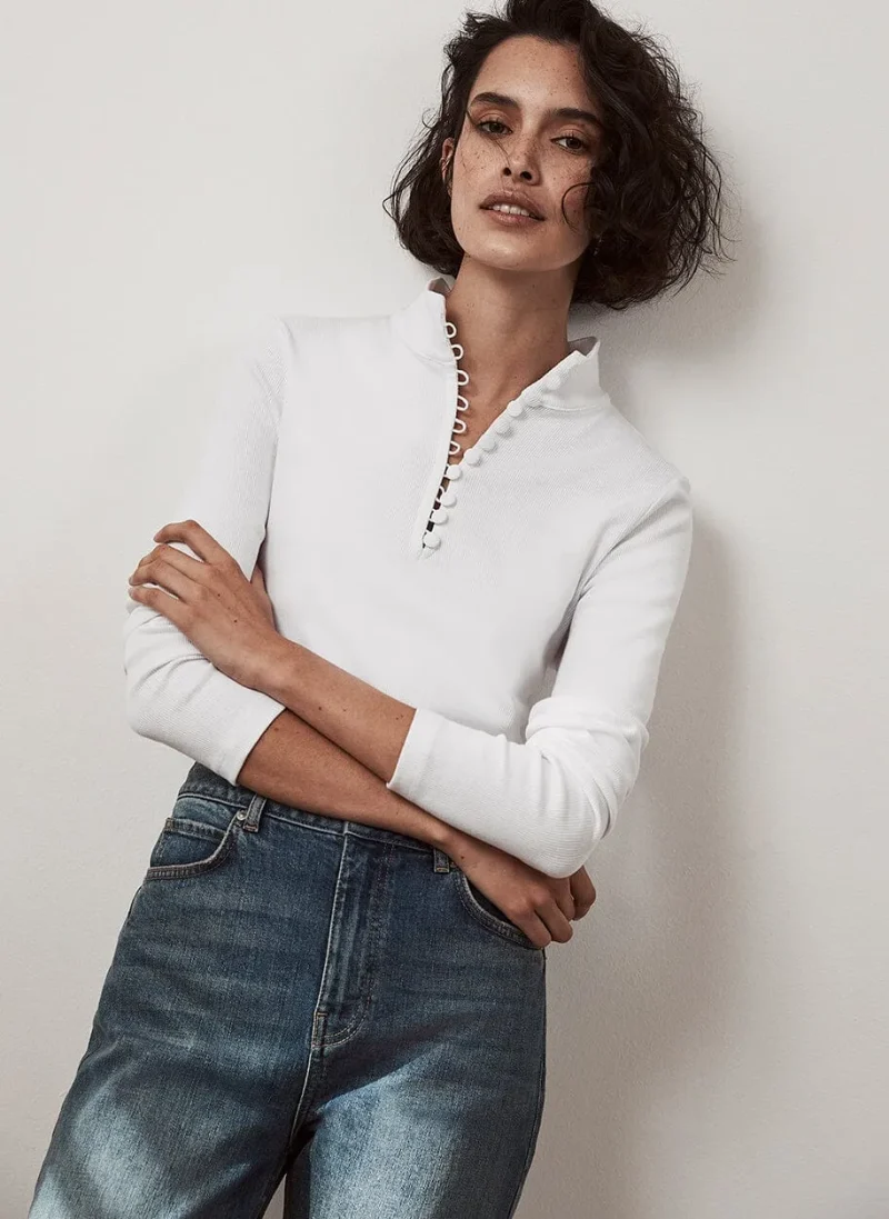 white rouleau button up top