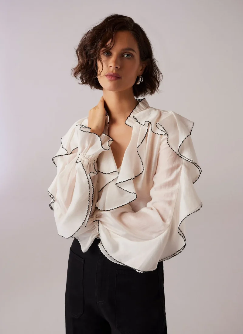 white ruffle contrast blouse