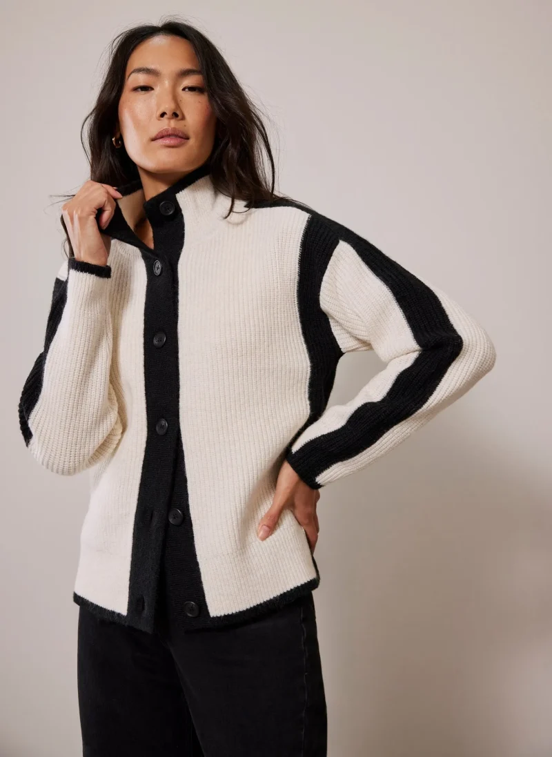 white trim cardigan with contrast stitching