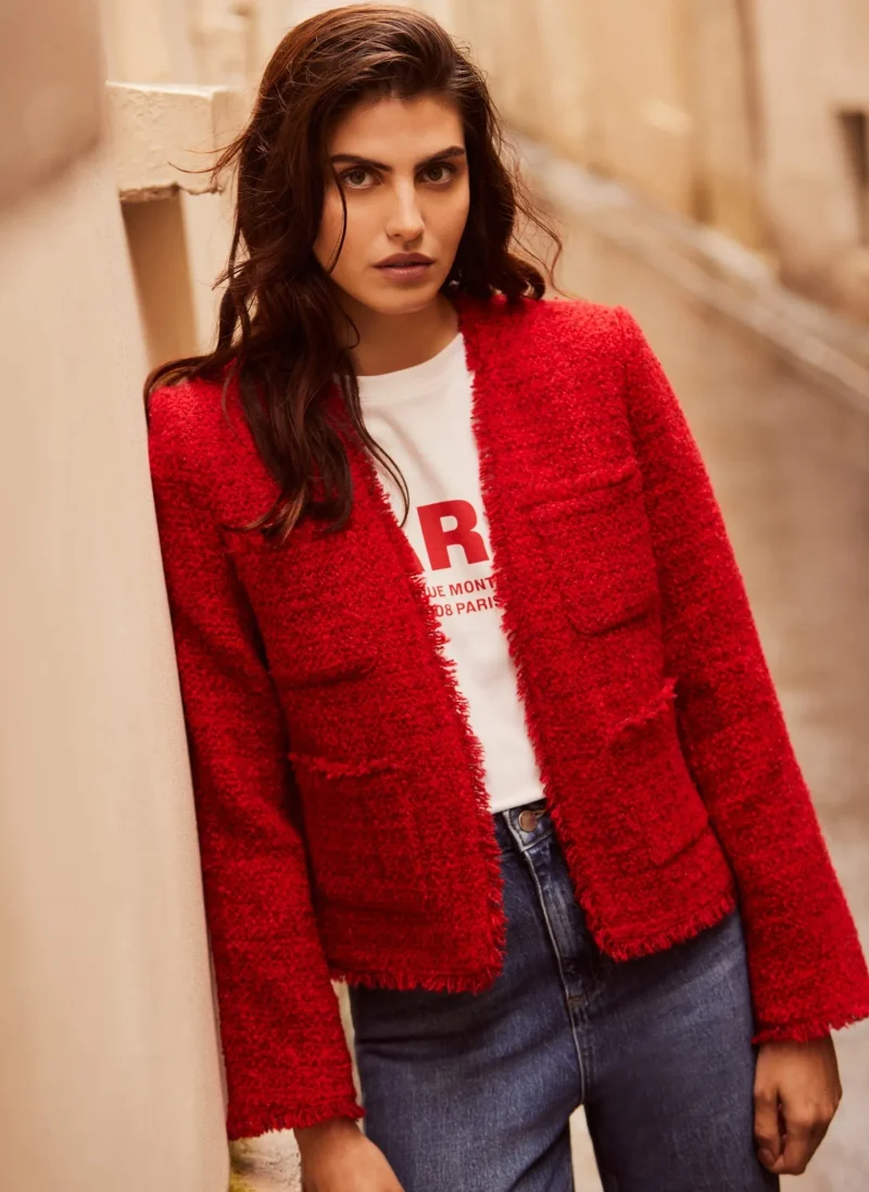 wool blend boucle red jacket