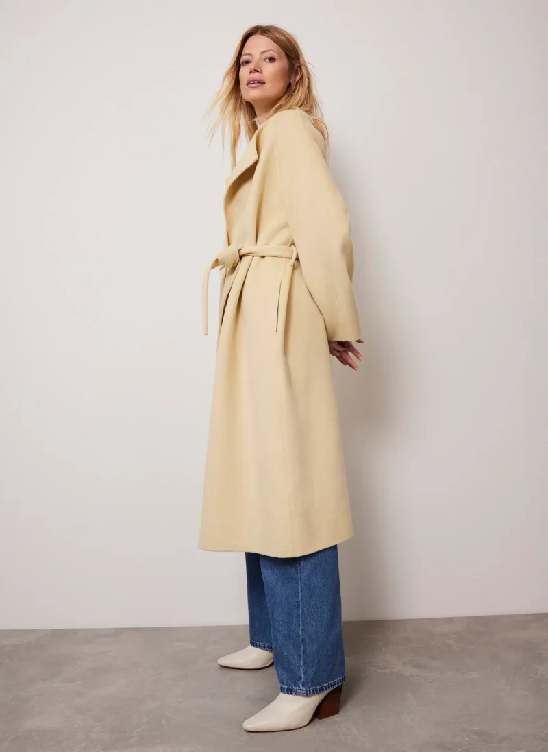 yellow wool belted collarless coat